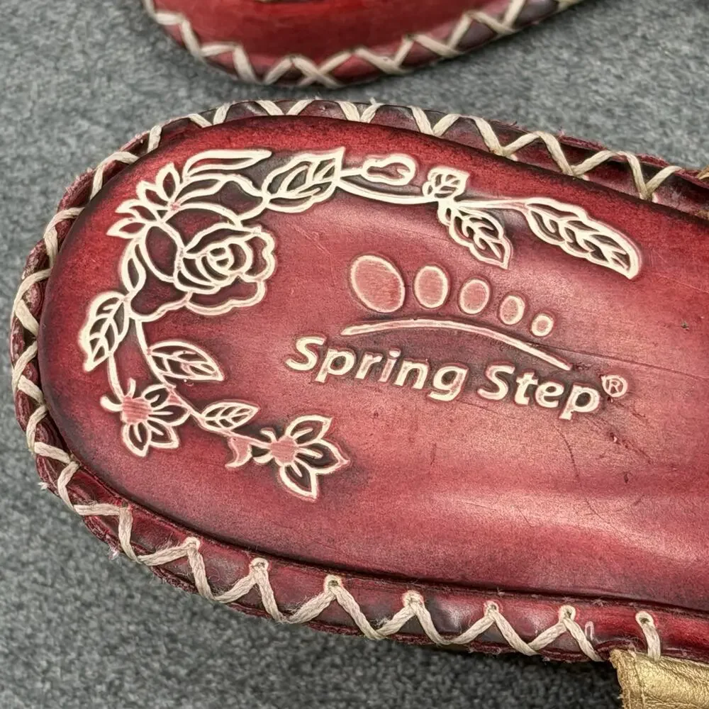 Spring Step Red Leather Floral Wedge Sandals Size 42 Beaded Applique D-Via-R